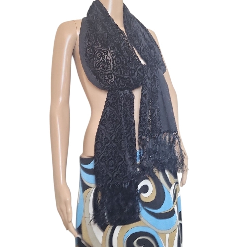 Vintage Medallion Fringe Velvet Sheer Scarf Shawl Wrap - Picture 3 of 3
